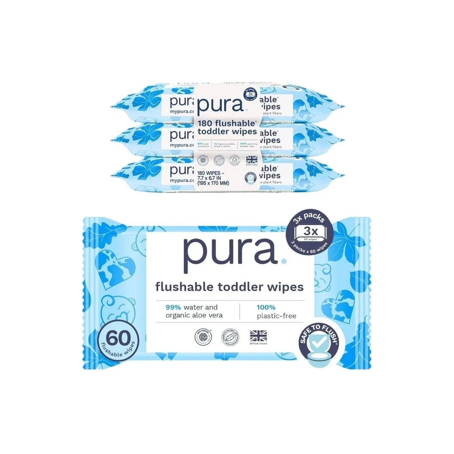 Pura Baby Wipes Flushable 3x60 pcs - mezetto ebebek ebebek