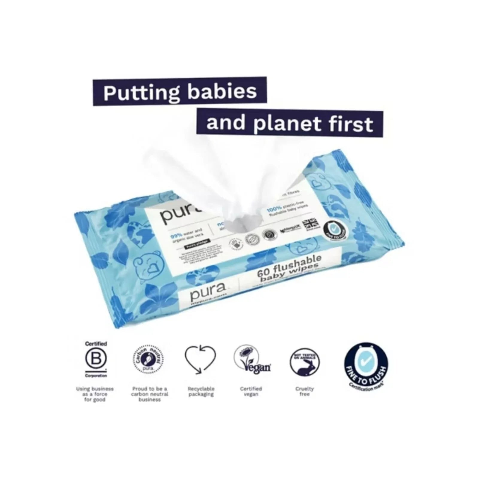 Pura Wipes Flushable 60 pcs - mezetto ebebek ebebek