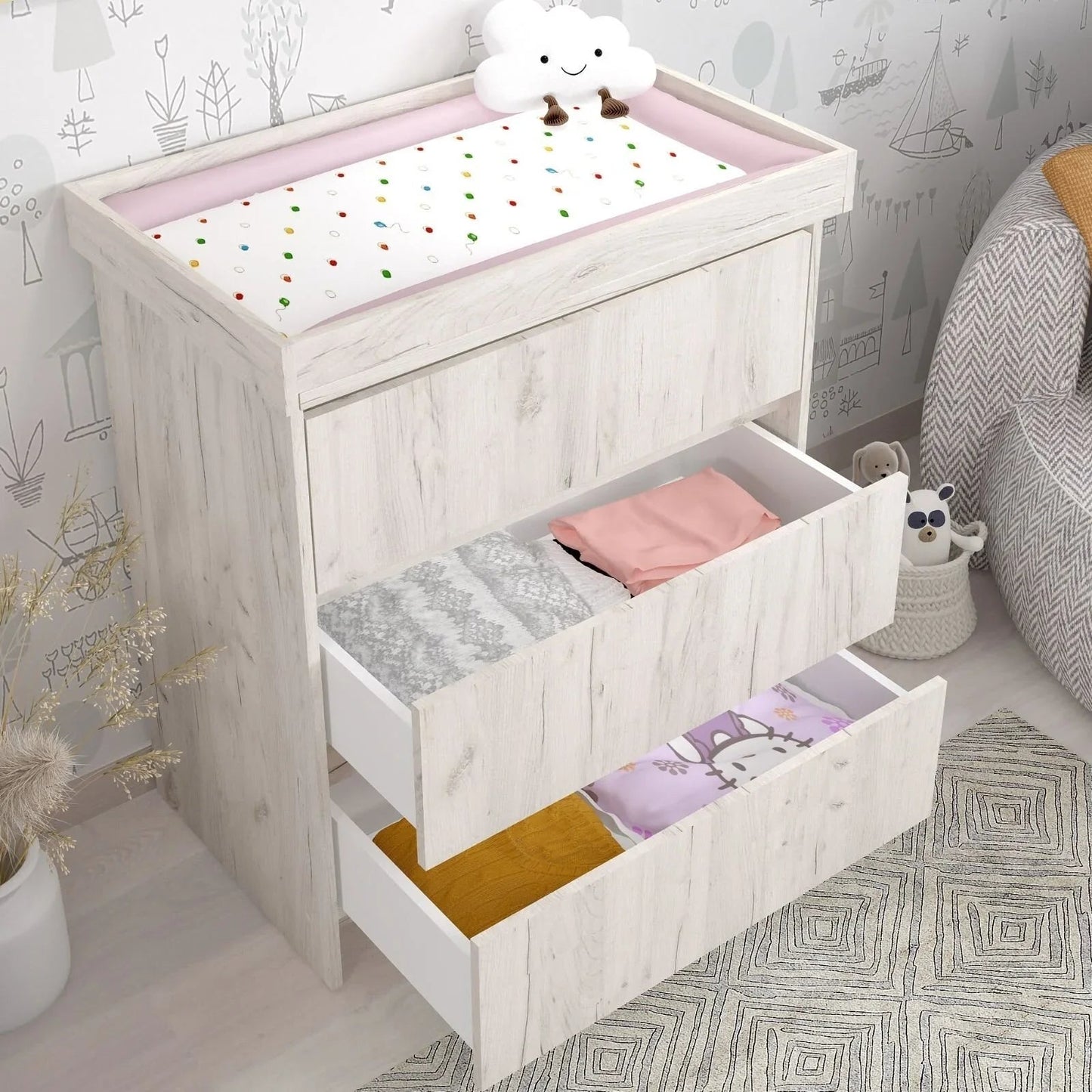 Shefa Kids 880 Baby Changing Unit - White Craft Oak - mezetto ebebek ebebek