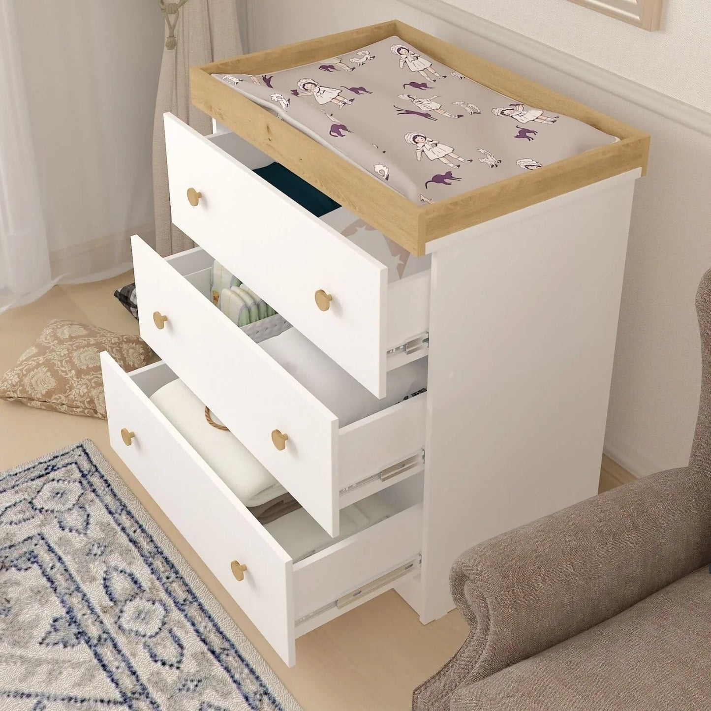 Shefa Kids 888 Changing Dresser - White/Oak - mezetto ebebek ebebek