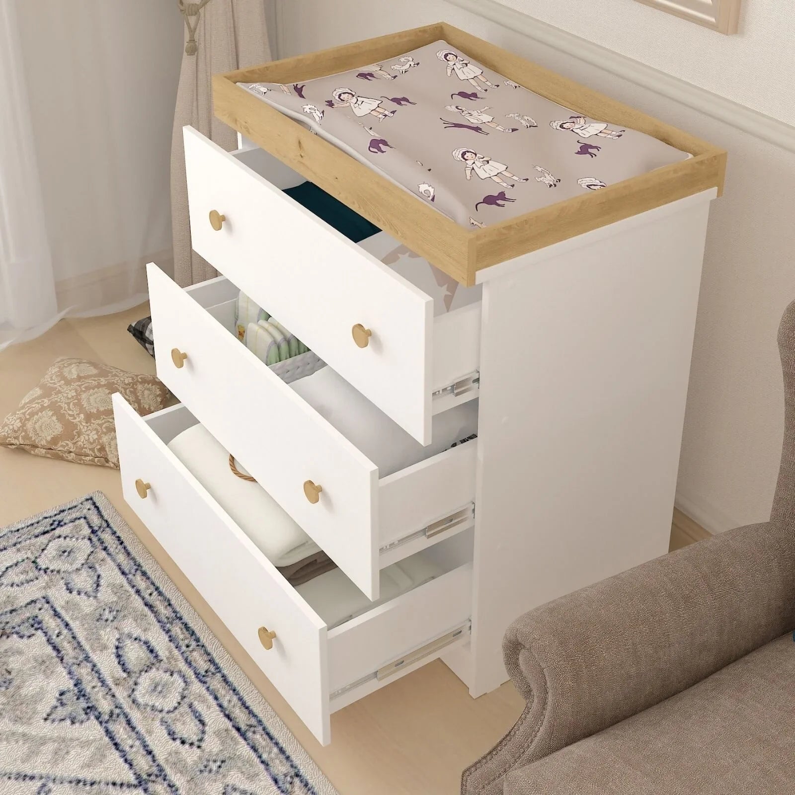 Shefa Kids 888 Changing Dresser - White/Oak - mezetto ebebek ebebek