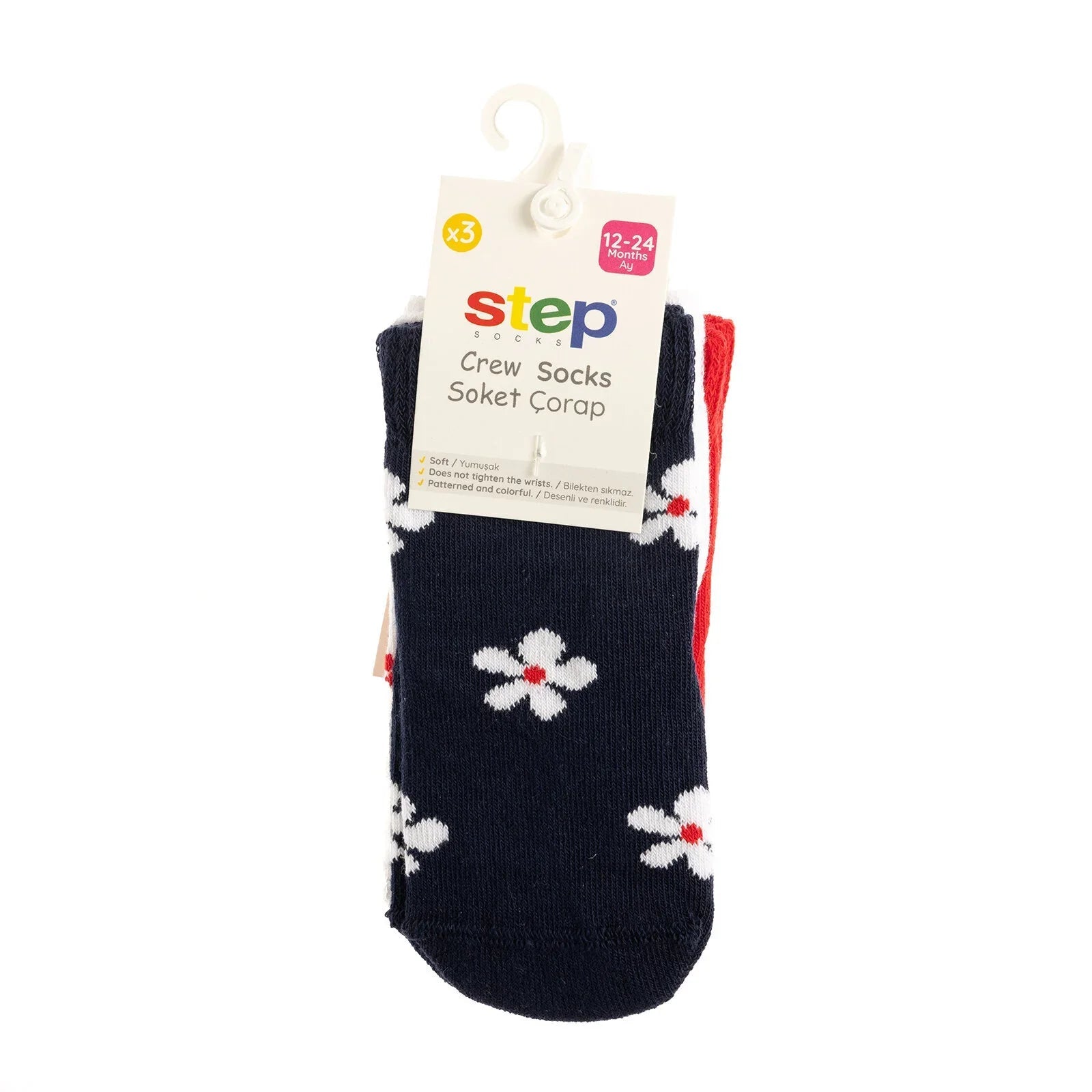 Step Flower Socks 3 Pcs - Red - mezetto ebebek ebebek