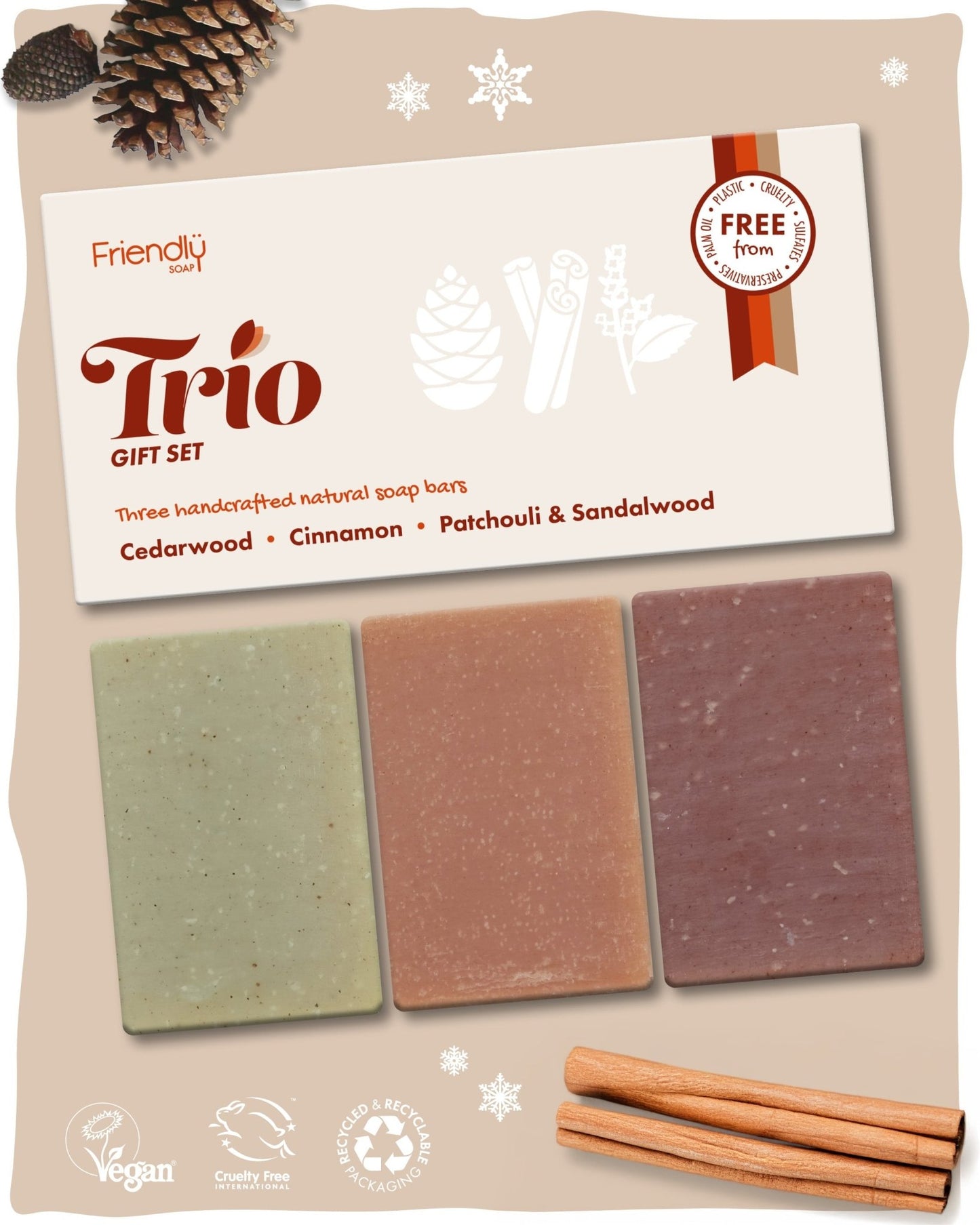 Trio Gift Set - Cedarwood, Cinnamon, Patchouli & Sandalwood - mezetto Friendly Soap Friendly Soap