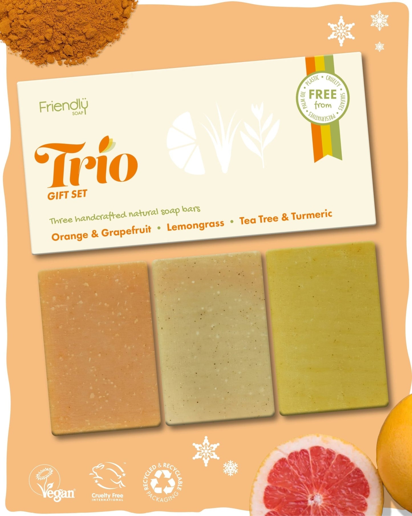 Trio Gift Set - Orange & Grapefruit, Lemongrass, Tea Tree & Turmeric - mezetto Friendly Soap Friendly Soap