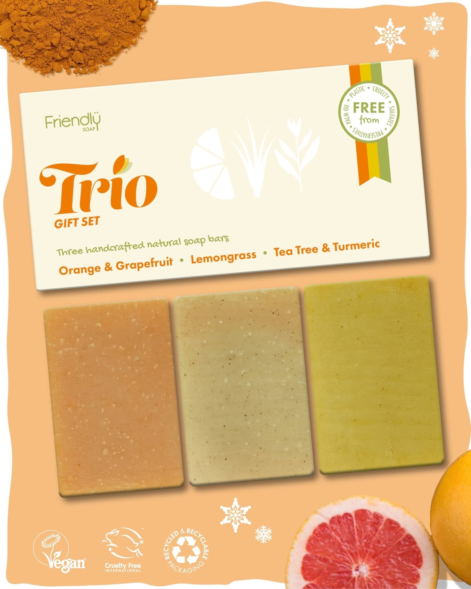 Trio Gift Set - Orange & Grapefruit, Lemongrass, Tea Tree & Turmeric - mezetto Friendly Soap Friendly Soap