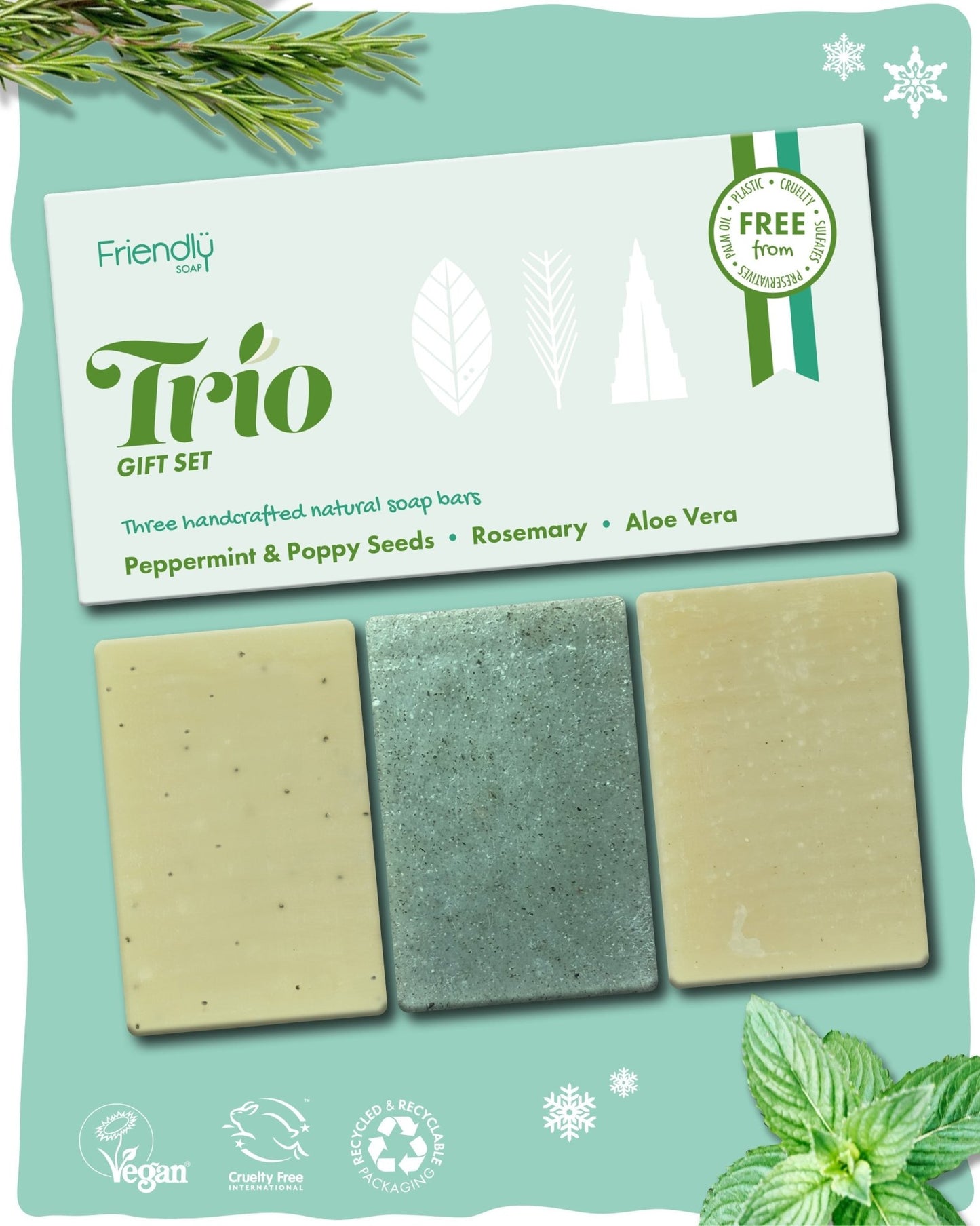 Trio Gift Set - Peppermint & Poppy Seeds, Rosemary, Aloe Vera - mezetto Friendly Soap Friendly Soap