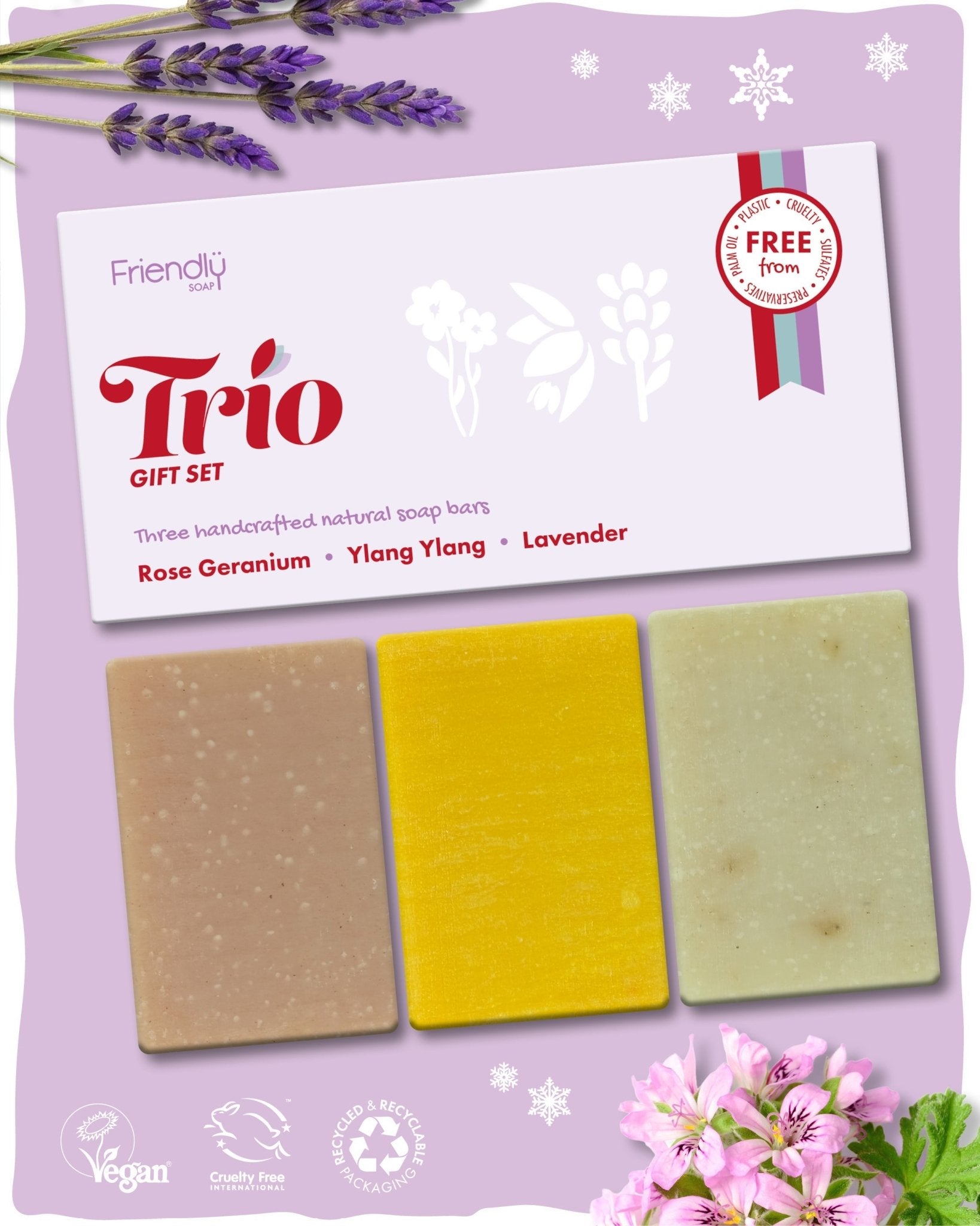 Trio Gift Set - Rose Geranium, Ylang Ylang, Lavender - mezetto Friendly Soap Friendly Soap