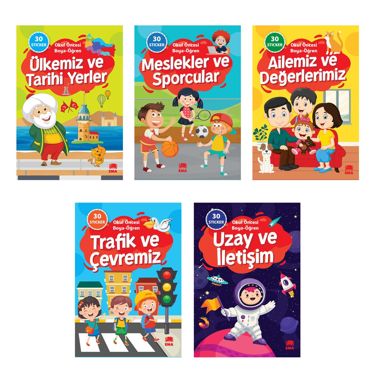 Okul Öncesi Boya Öğren Seti Çıkartmalı-5 Kitap Takım - Ema Kitap Kitap