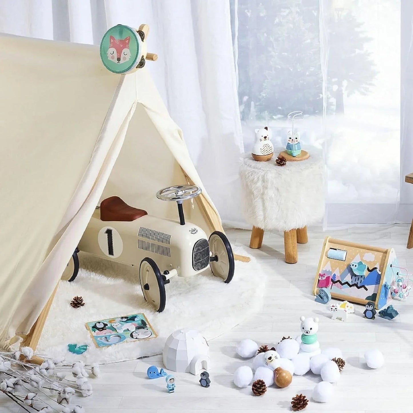 Vilac Ride On Metal Car Toy - Off White - mezetto ebebek ebebek