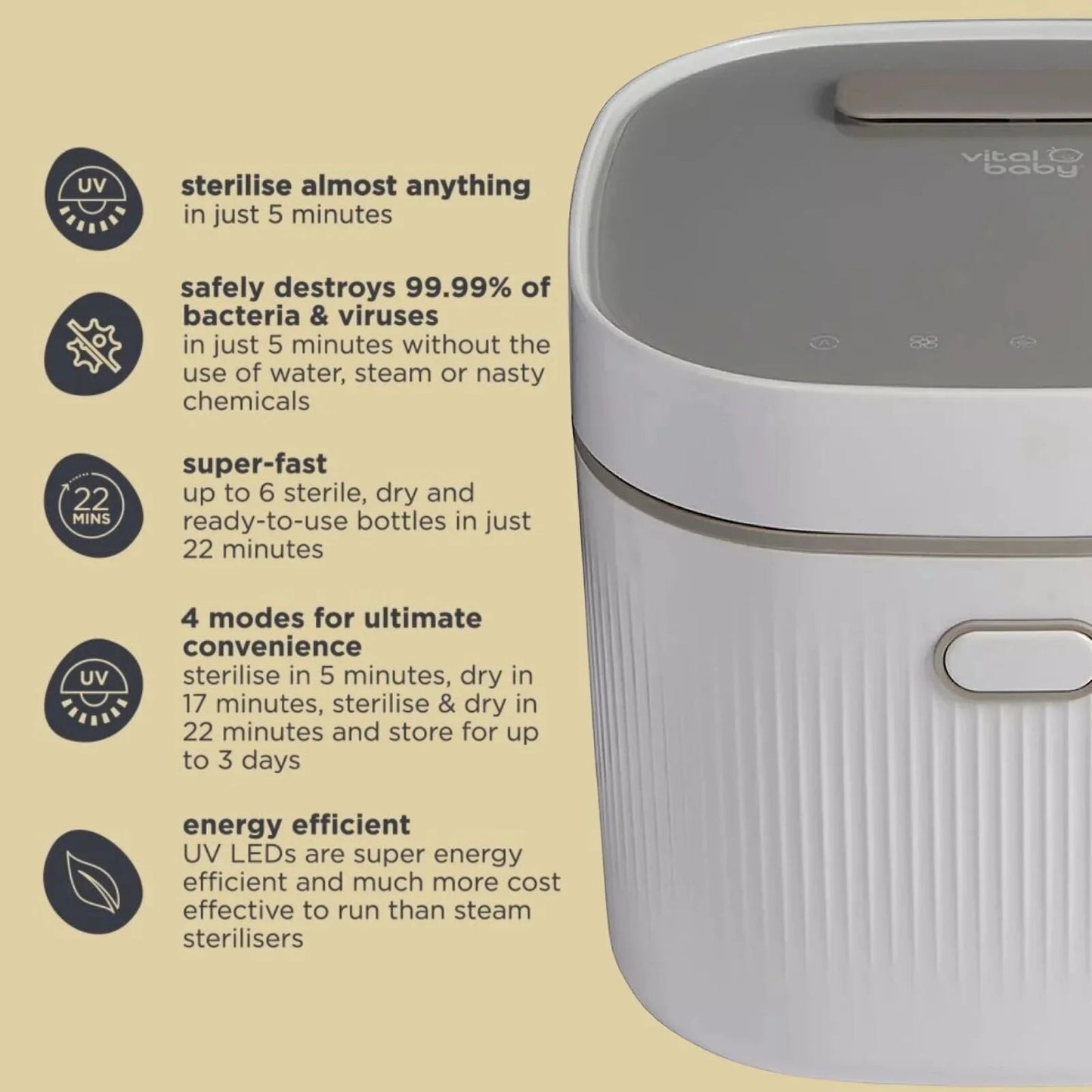 Vital Baby Advanced Pro UV Steriliser & Dryer (3rd Gen) - Arctic White - mezetto ebebek ebebek