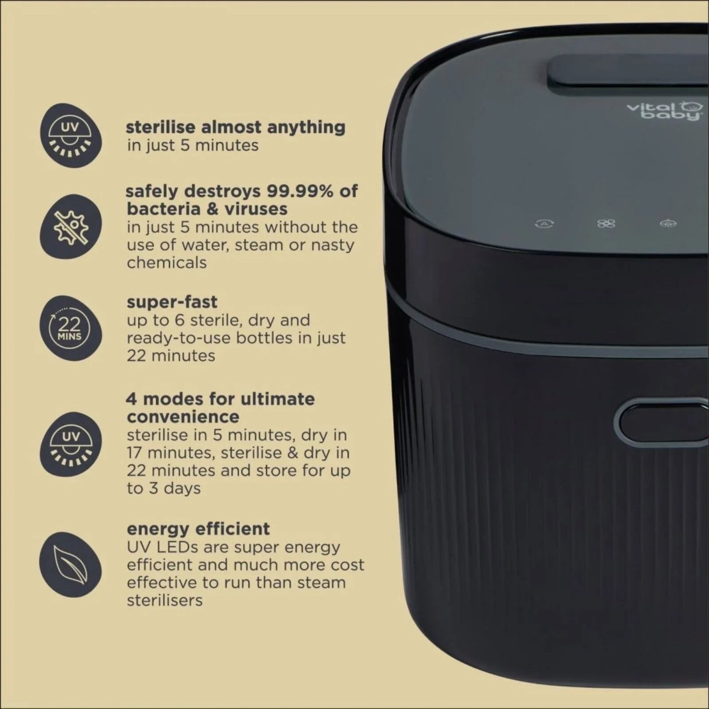 Vital Baby Advanced Pro UV Steriliser & Dryer (3rd Gen) - Onyx Black - mezetto ebebek ebebek