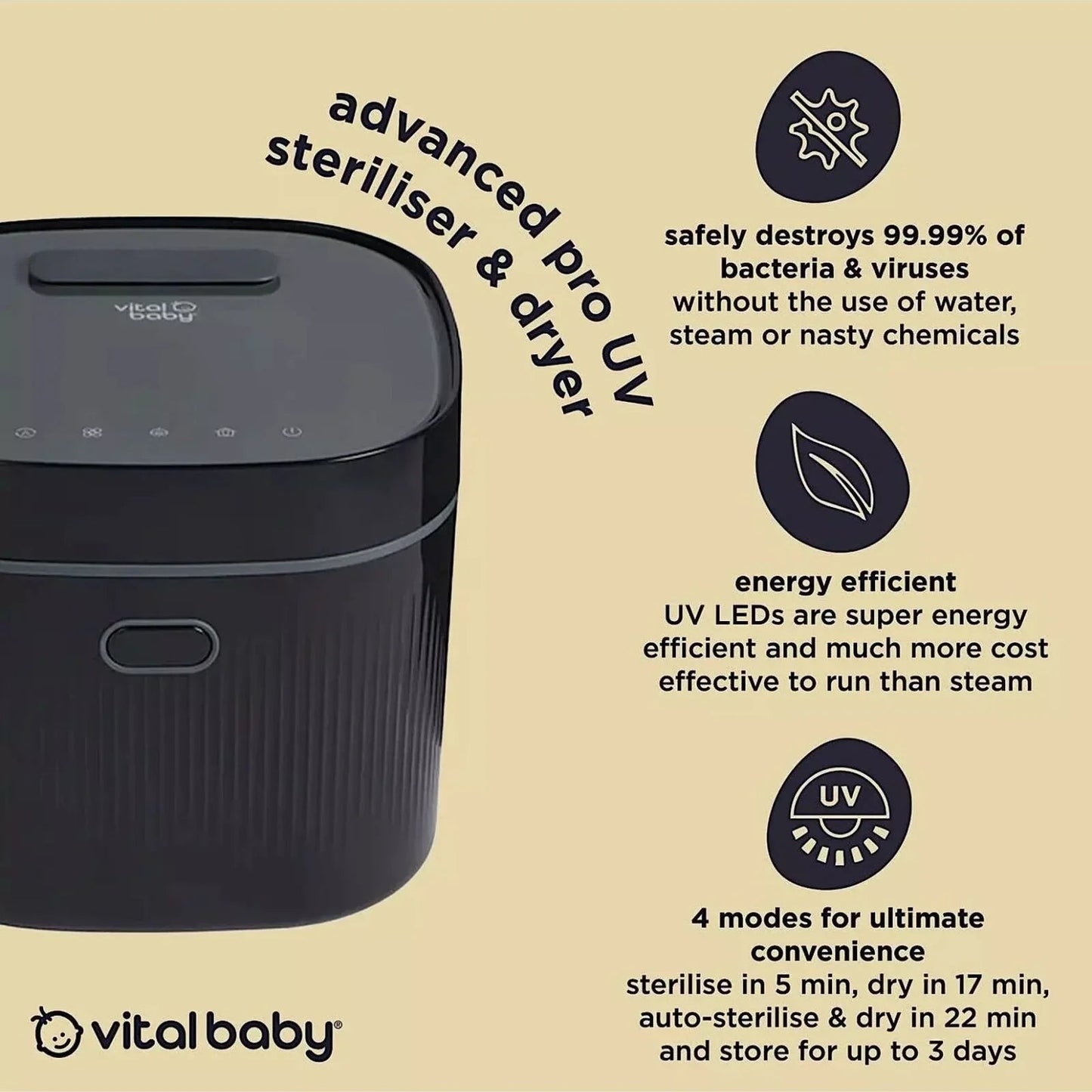 Vital Baby Advanced Pro UV Steriliser & Dryer (3rd Gen) - Onyx Black - mezetto ebebek ebebek