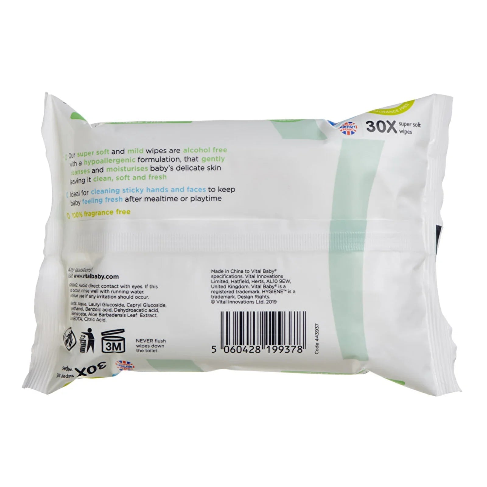 Vital Baby Hygiene Super Soft Hand & Face Wipes Fragrance Free 30 pcs - mezetto ebebek ebebek