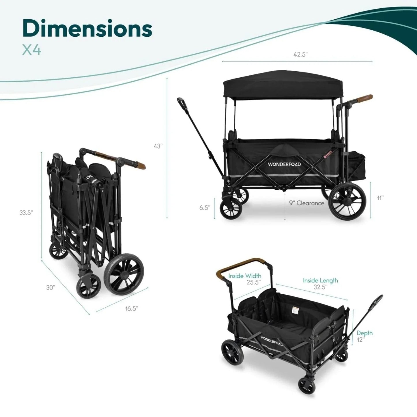 Wonderfold X4R Push and Pull Quad Stroller Wagon - Black - mezetto ebebek ebebek