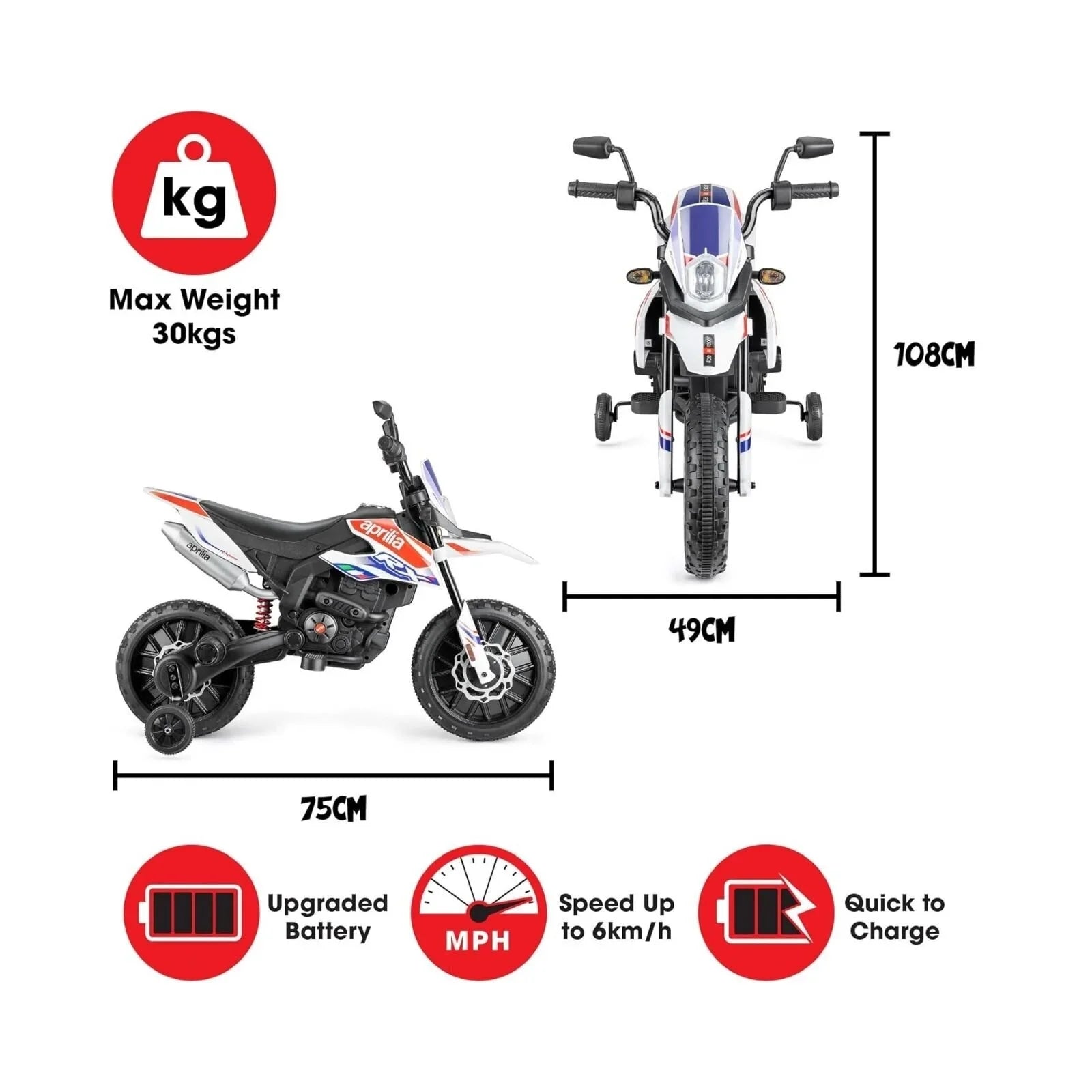 Xootz Aprilia 12V Electric Motorbike Ride On with Lithium Battery - White - mezetto ebebek ebebek