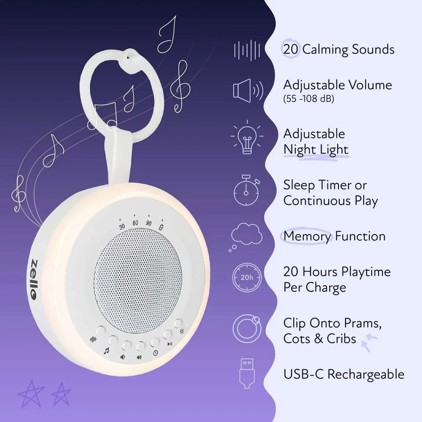 Zello Portable White Noise Machine & Nightlight Baby Sleep Aid - mezetto ebebek ebebek